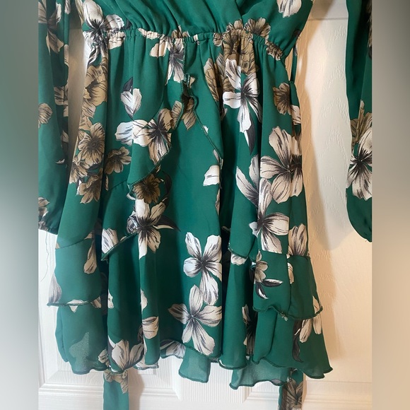 Purple Snow Green Floral Long Sleeve Flounce Dress - Picture 3 of 4